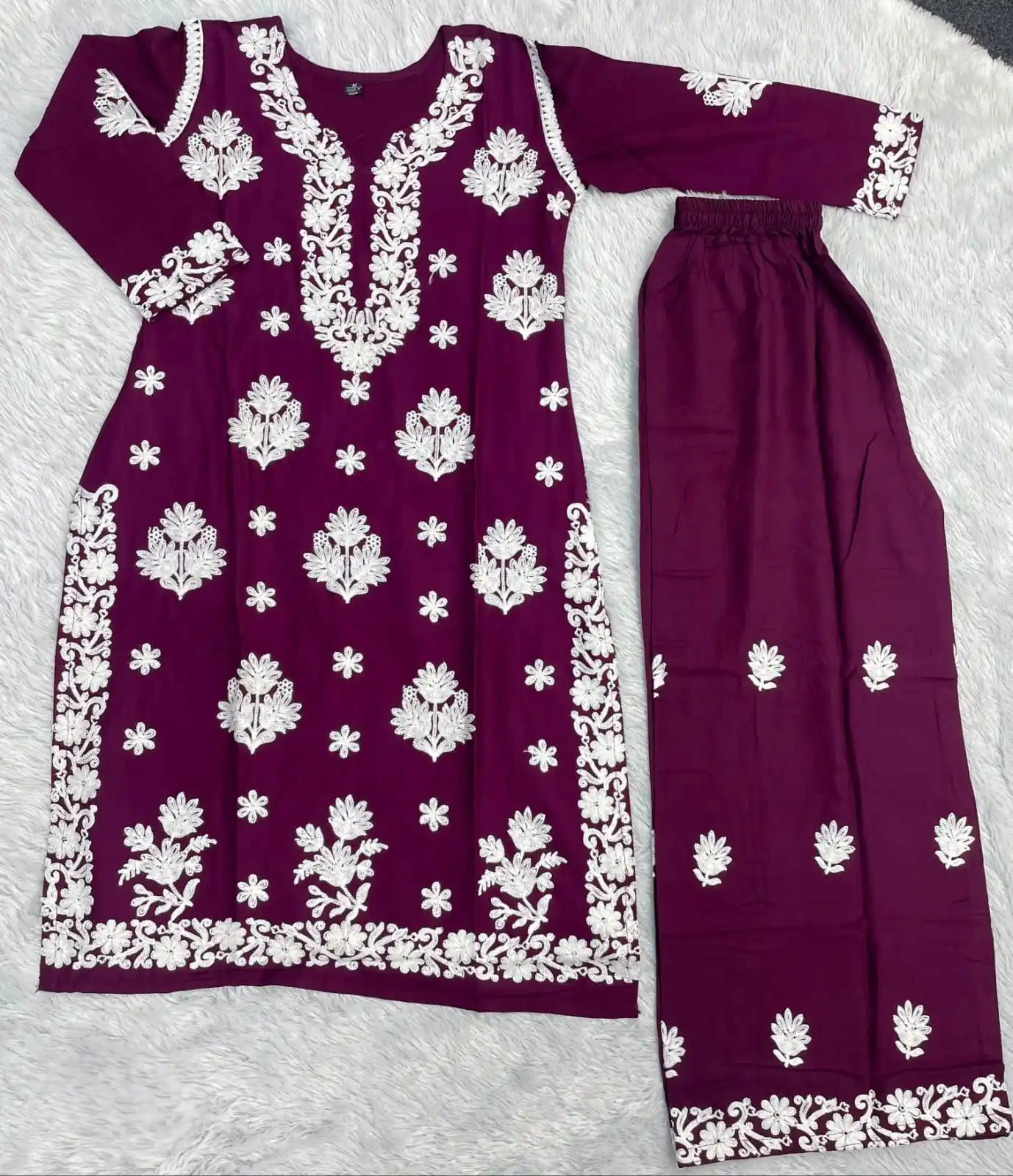 Trending Heavy Chikankari Rayon Kurti With Plazzo Set